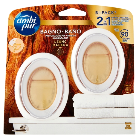 Ambi Pur Bagno 2in1 Elimina e Previene, Profumatore per Ambienti, Legno, 2 Deodoranti, 2 x 7,5 ml